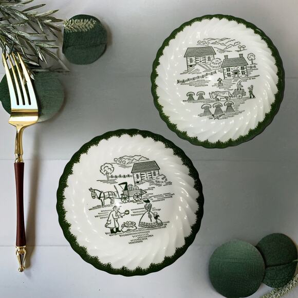 oyal China Underglaze Green Farm Scene Plates – Set of 4 – Vintage Cottagecore - Picture 1 of 10